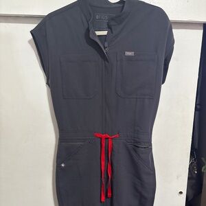 Figs Charcoal Jumpsuit with Red Accents